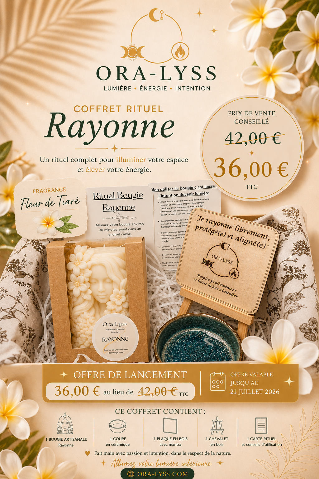 Coffret Bougie Rituel RAYONNE – Fleur de Tiaré